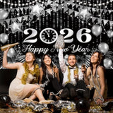 Black Silver Happy New Year Backdrop 6x3.6ft Gold Bokeh Balloons 2026