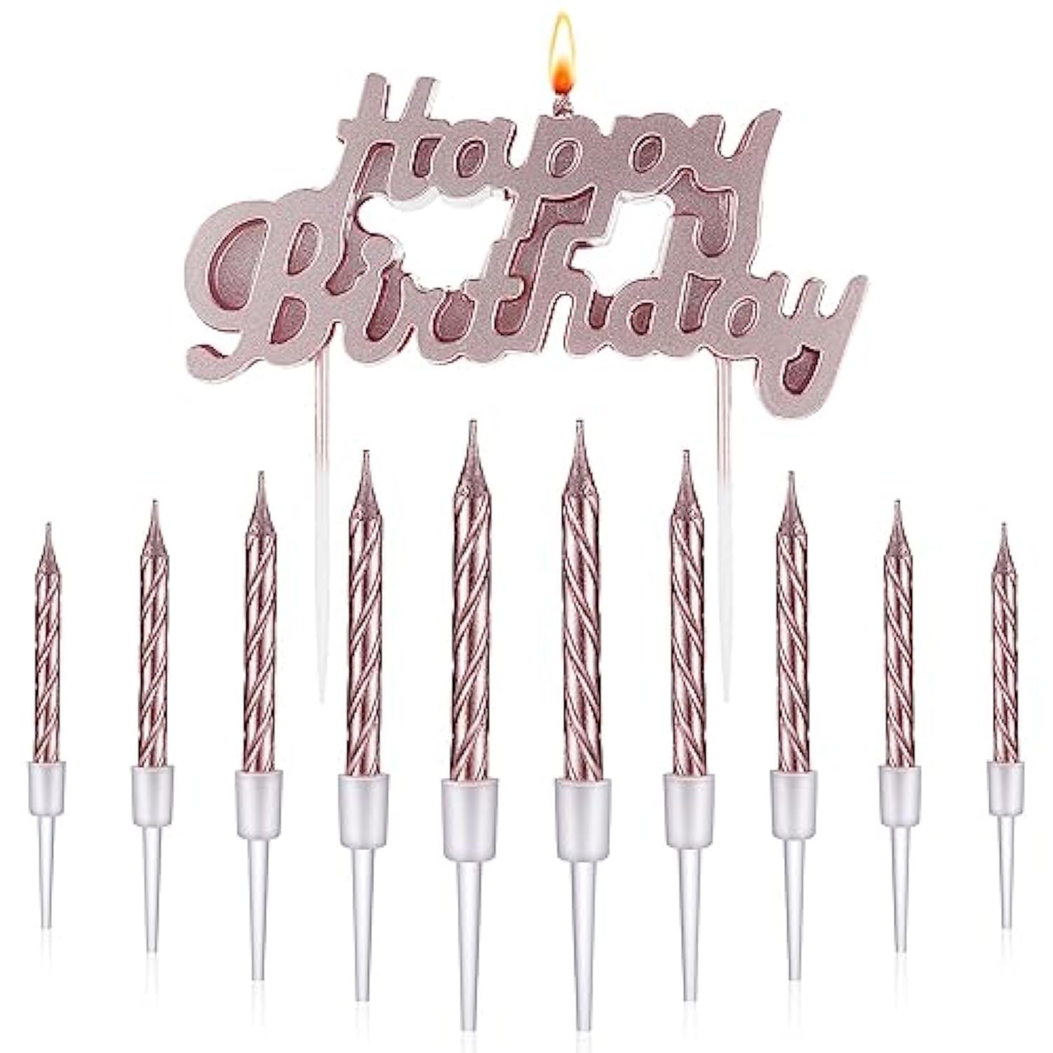 Happy Birthday Candles Letter Cake Topper With 10 Pcs 2.95 Inch Short Thin Spiral Candles For Cake Topper Birthday Decoration Party Supplies(Rose Gold)