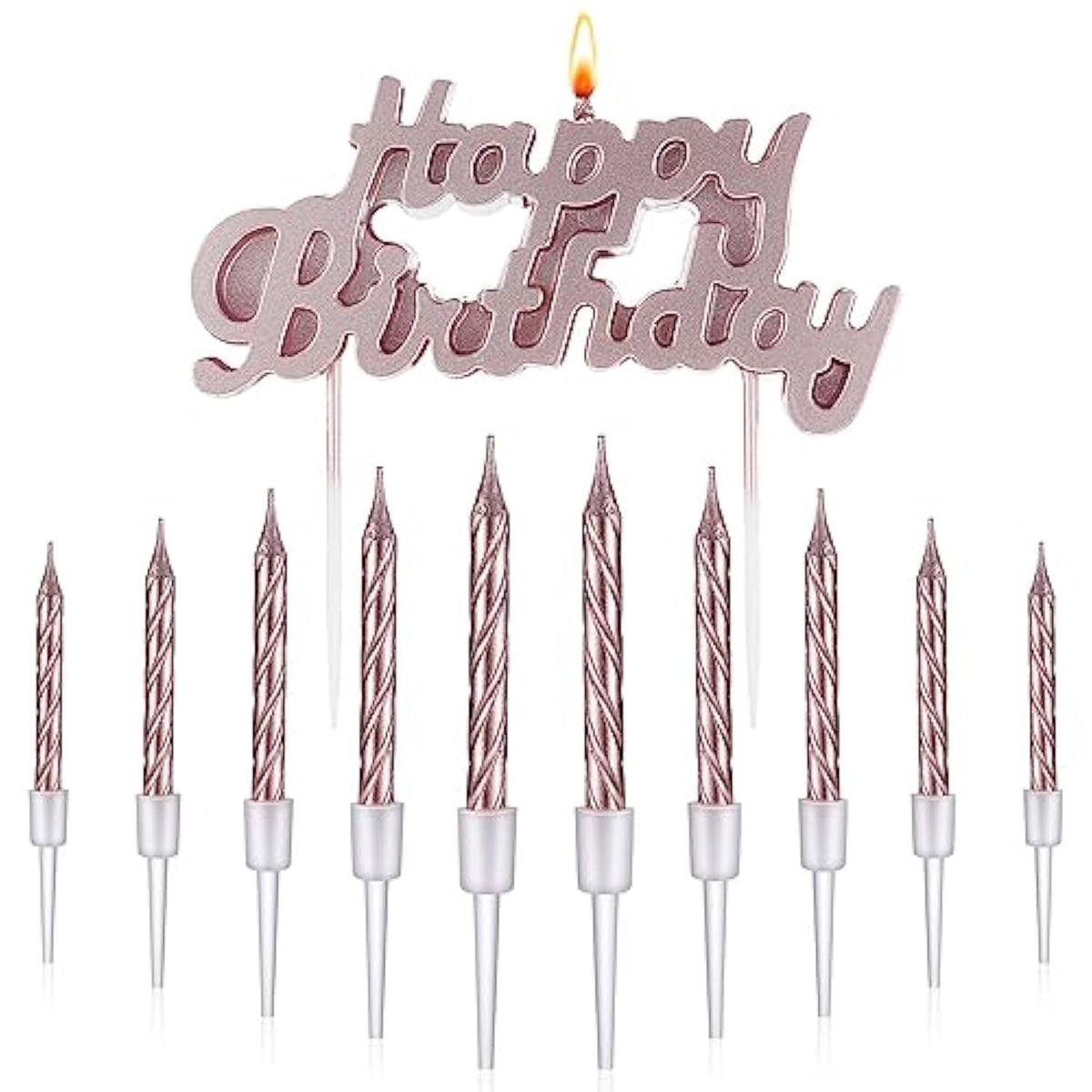 Happy Birthday Candles Letter Cake Topper With 10 Pcs 2.95 Inch Short Thin Spiral Candles For Cake Topper Birthday Decoration Party Supplies(Rose Gold)