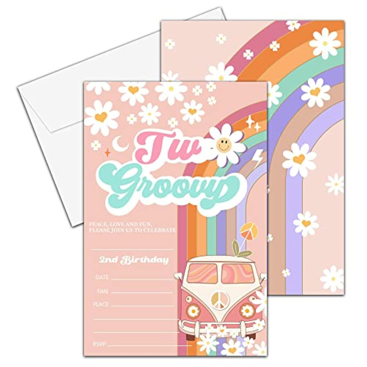 Birthday Invitations, 4"X6" 2Nd Birthday Party Invitations With Envelopes For Rainbow Two Groovy Floral Party Decorations Supplies(20 Pieces)-C11