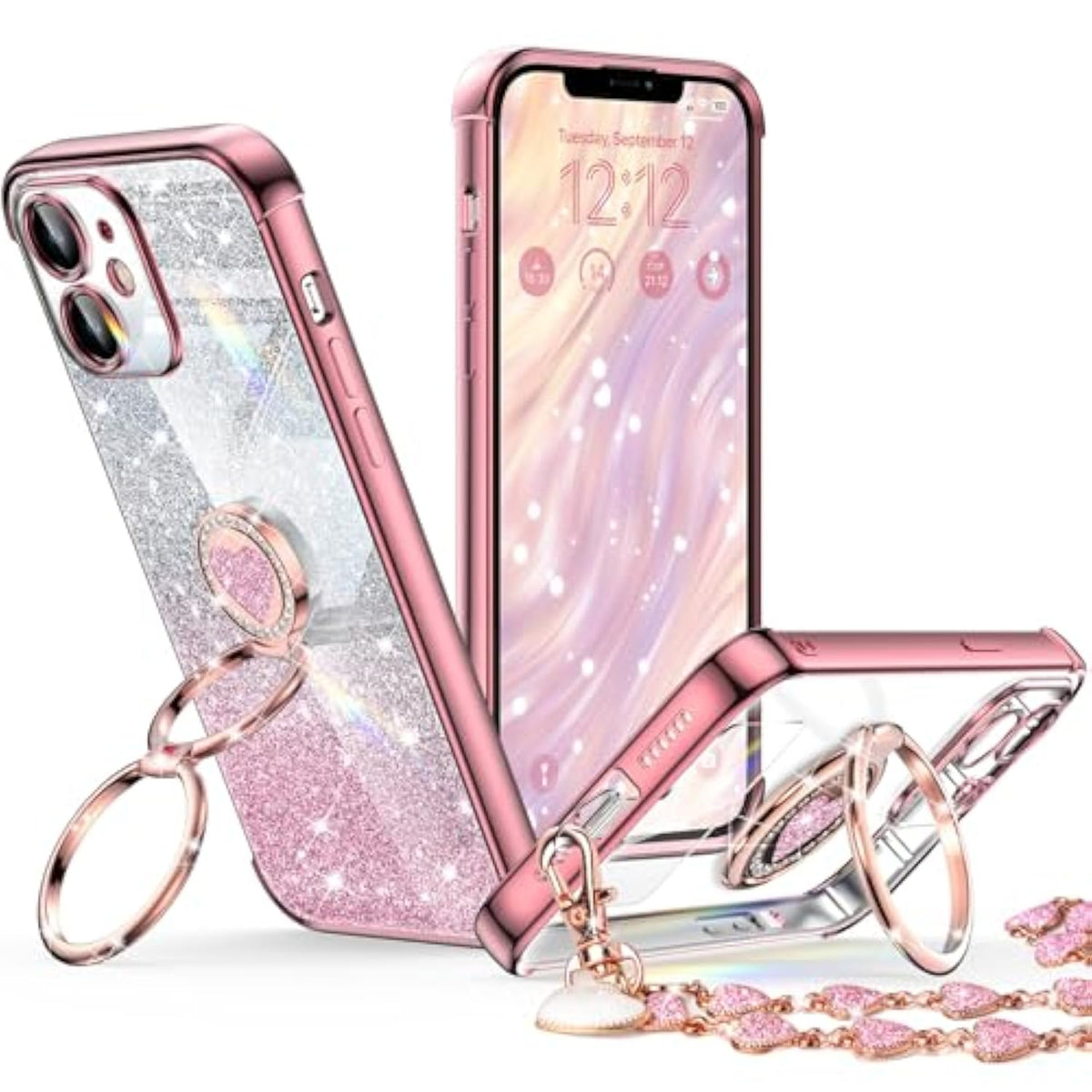 For Iphone 11 Case With Stand, Phone Case With Double Ring Kickstand, Women Girls Bling Luxury Glitter Clear Phone Case Cover Heart For Iphone 11, Rose Gold