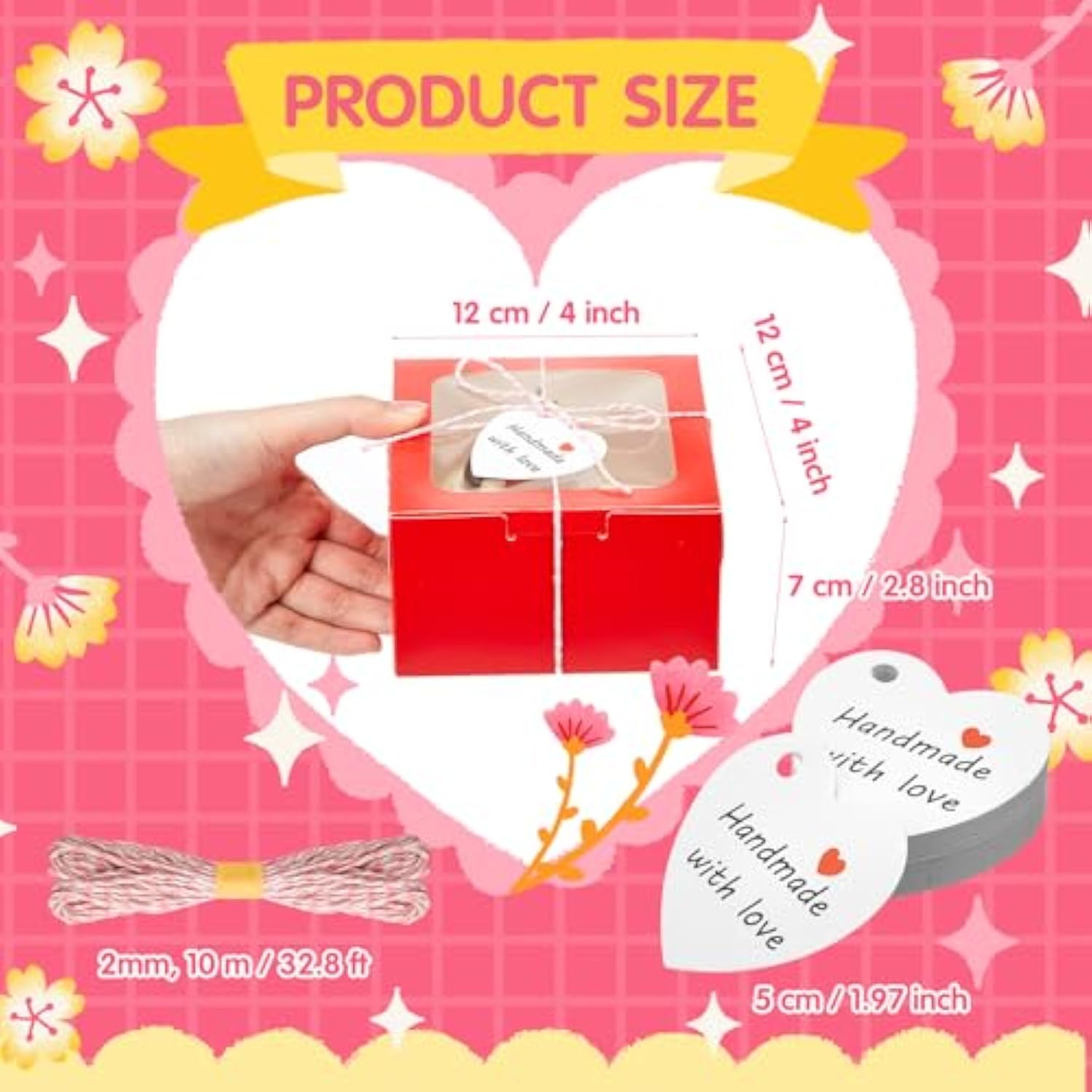 50 Pcs Valentine'S Day Cookie Boxes With Window 4X4X2.8 Inch Red Pink Pastry Bakery Treat Boxes Individual Cupcake Container For Valentines Macaroon Wedding Birthday Party