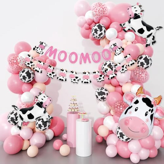 Pink Cow Balloons Garland Arch Kit, 140Pcs Pastel Pink Confetti Cow Print Balloons Moomoo Banners Foil For Western Cowboy Cowgirl Farm Animal Themed Baby Shower Birthday Party Decorations Supplies