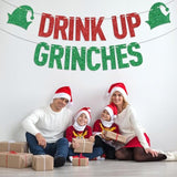 Red Glitter Drink Up Grinches Banner Christmas & New Year Party Decor