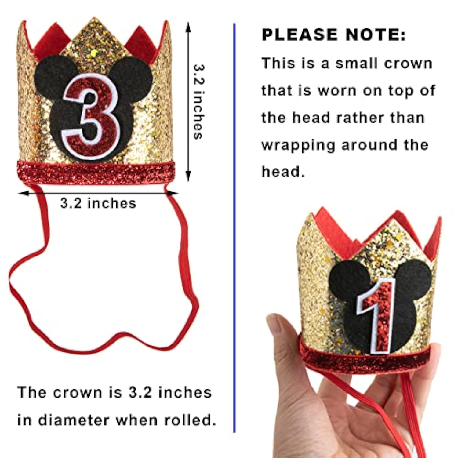 Mickey Theme Glitter Crown Birthday Party Hat for Boys Girls (1st)