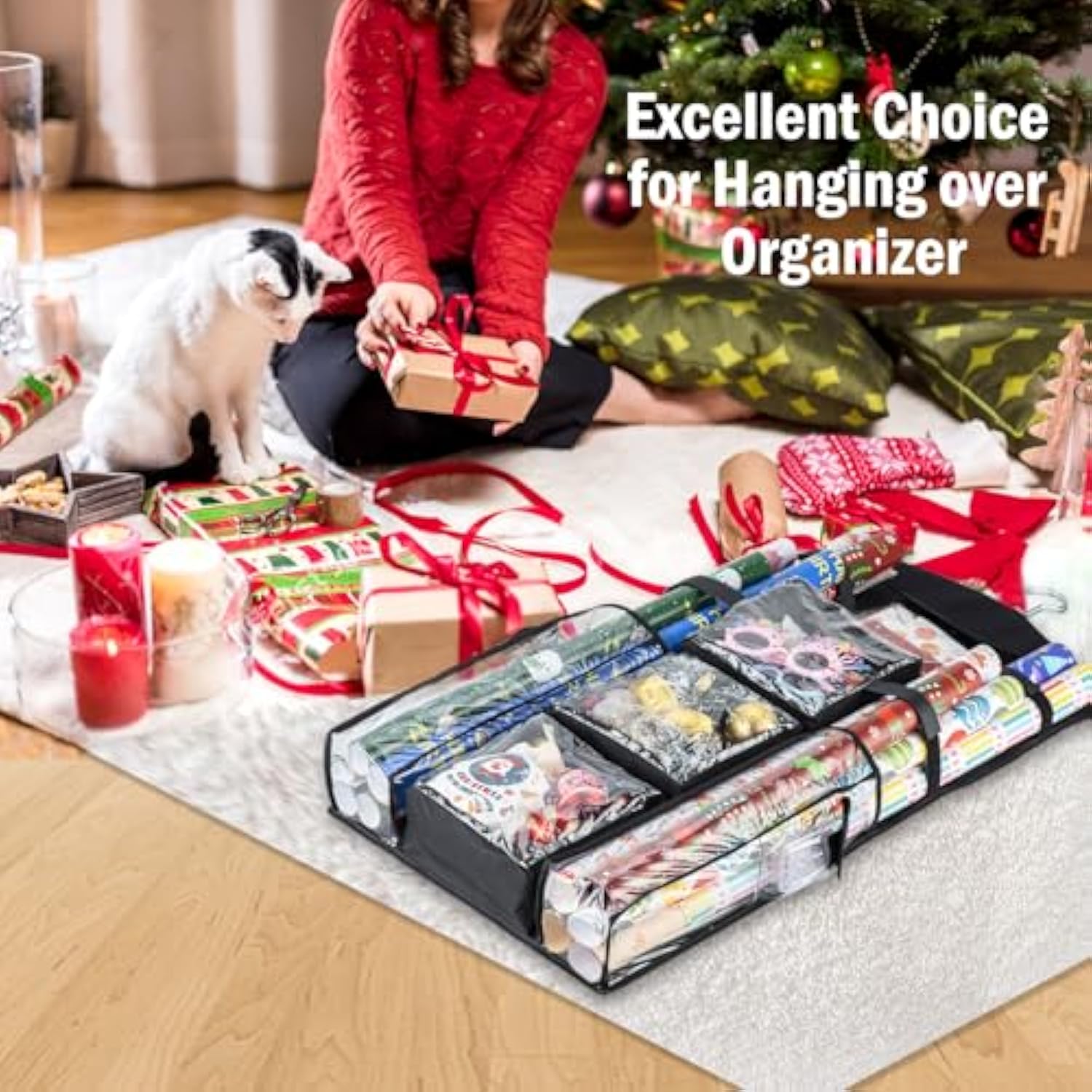 Christmas Wrapping Paper Organizer Storage, Hanging Gift Bag Storage Organizer, Double-Sided Wrapping Paper Holder Storage - Black