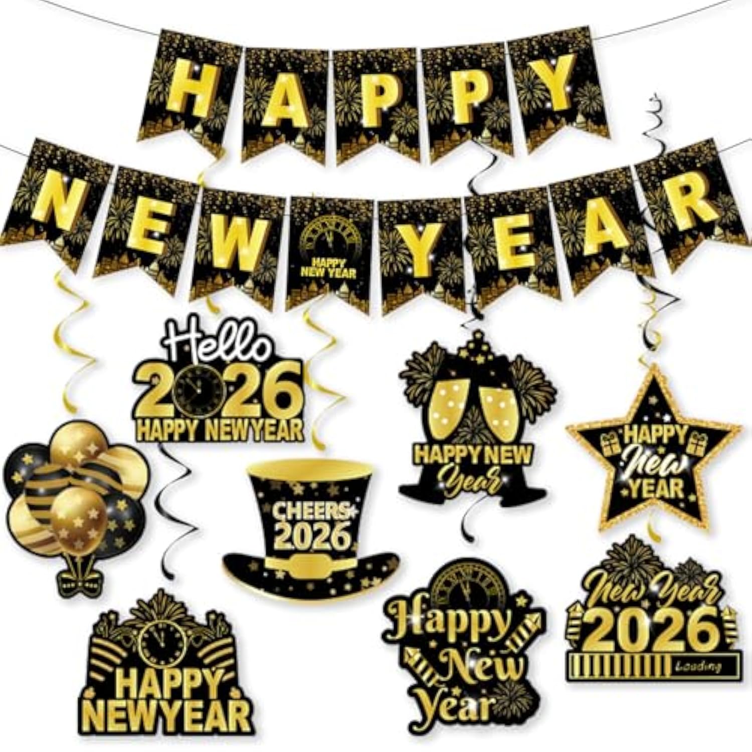 Happy New Year 2026 Black Gold Banner and Hanging Swirls Party Decorations