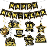 Happy New Year 2026 Black Gold Banner and Hanging Swirls Party Decorations