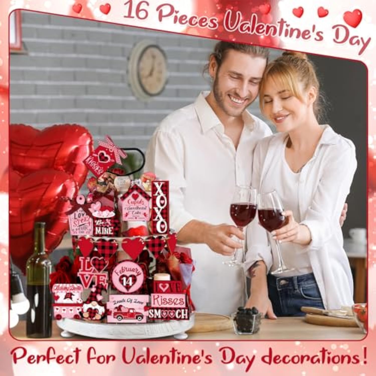 20 Pcs Valentines Tiered Tray Decorations Set Farmhouse Plaid Gnome Heart Wooden Table Sign Tabletop Rustic Tiered Tray Decorations For Valentine Kitchen Home Decor