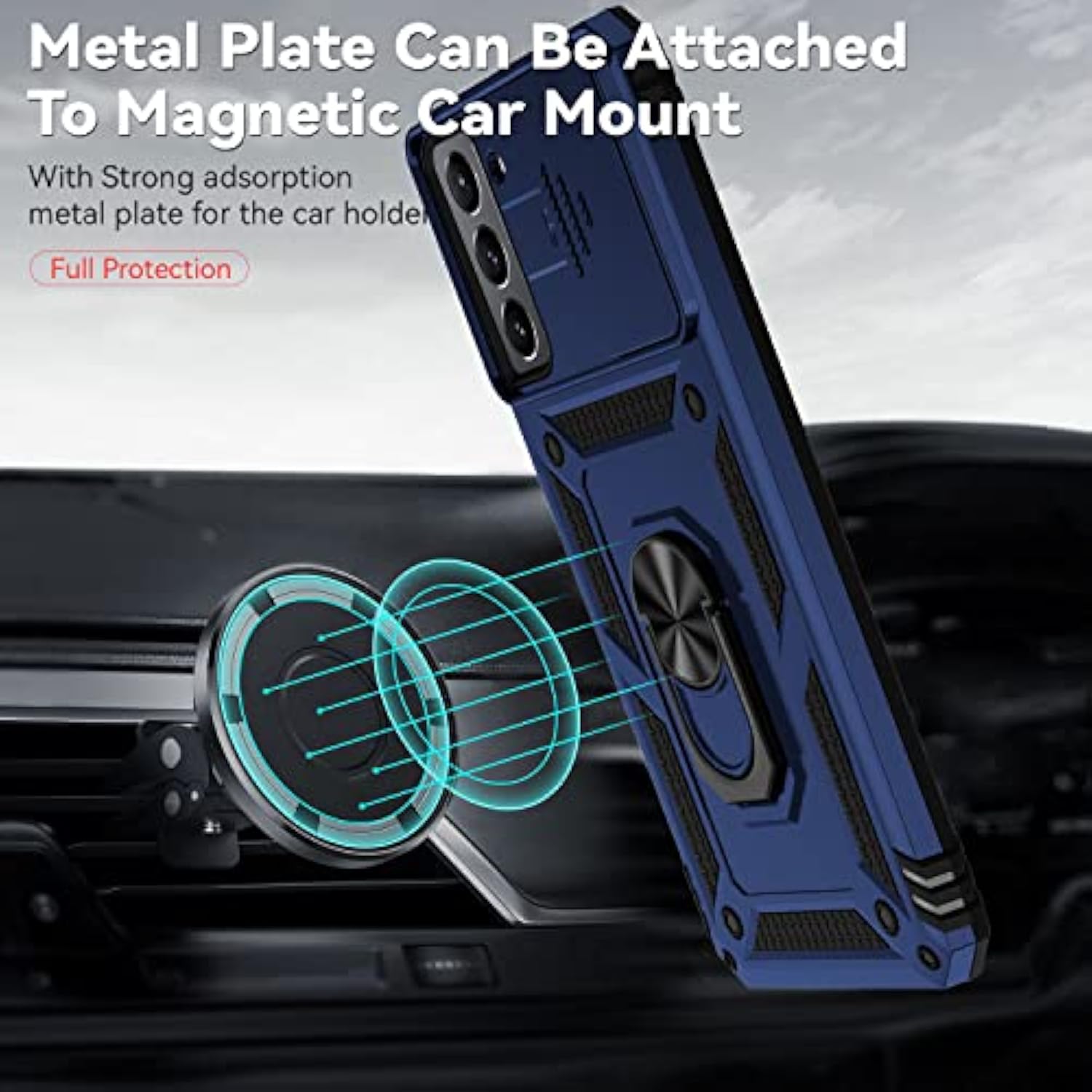 For Samsung Galaxy S21 Fe 5G Case With Camera Lens Cover Hd Screen Protector, Military-Grade Drop Tested Magnetic Ring Holder Kickstand Protective Phone Case For Samsung Galaxy S21 Fe 5G (Navy Blue)