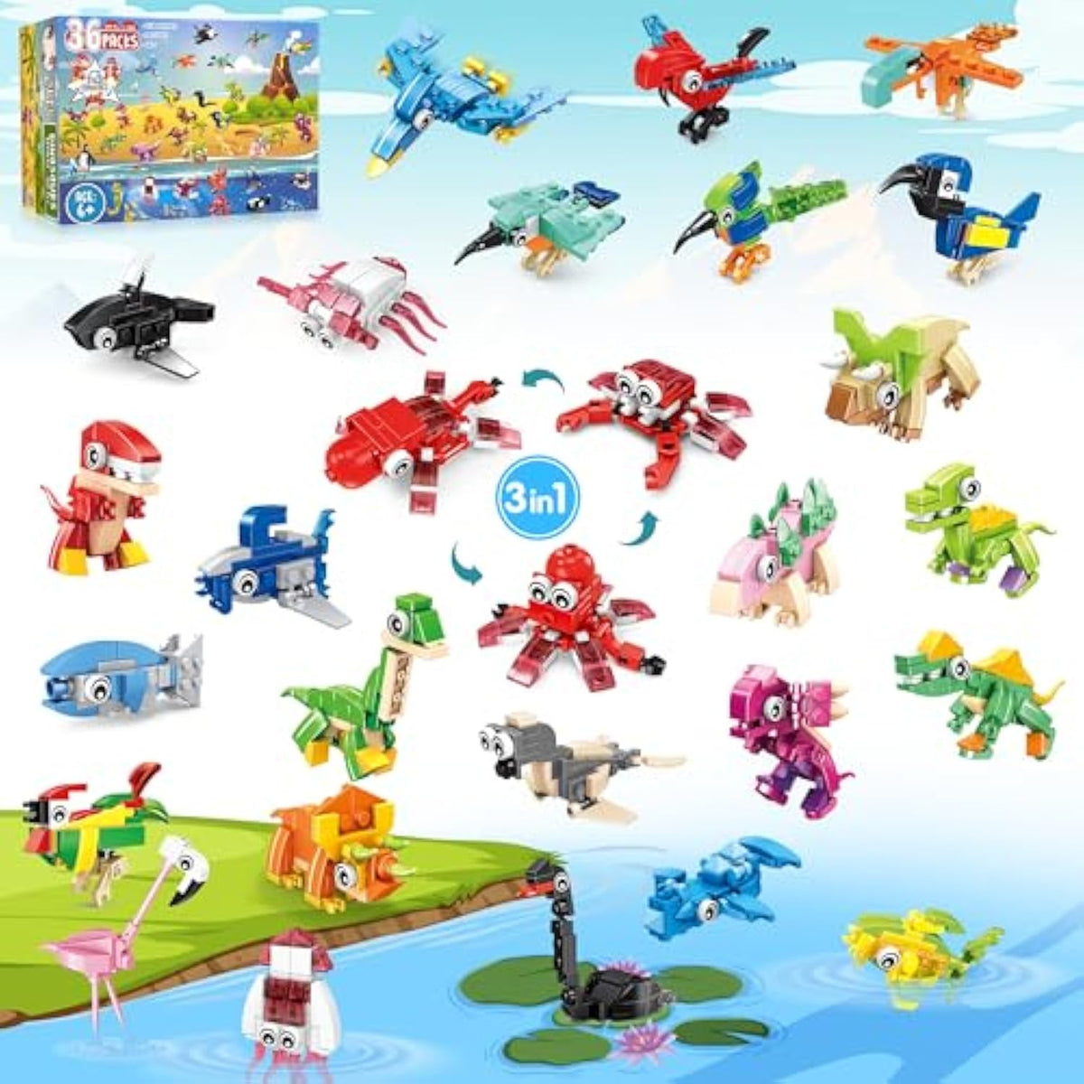 36 Packs Party Favors For Kids - 108 Models Mini Animals Dinosaur Building Blocks Set Toys For Kids Easter Stuffers Fillers Birthday Valentines Day Gifts Classroom Prizes For Boys Girls