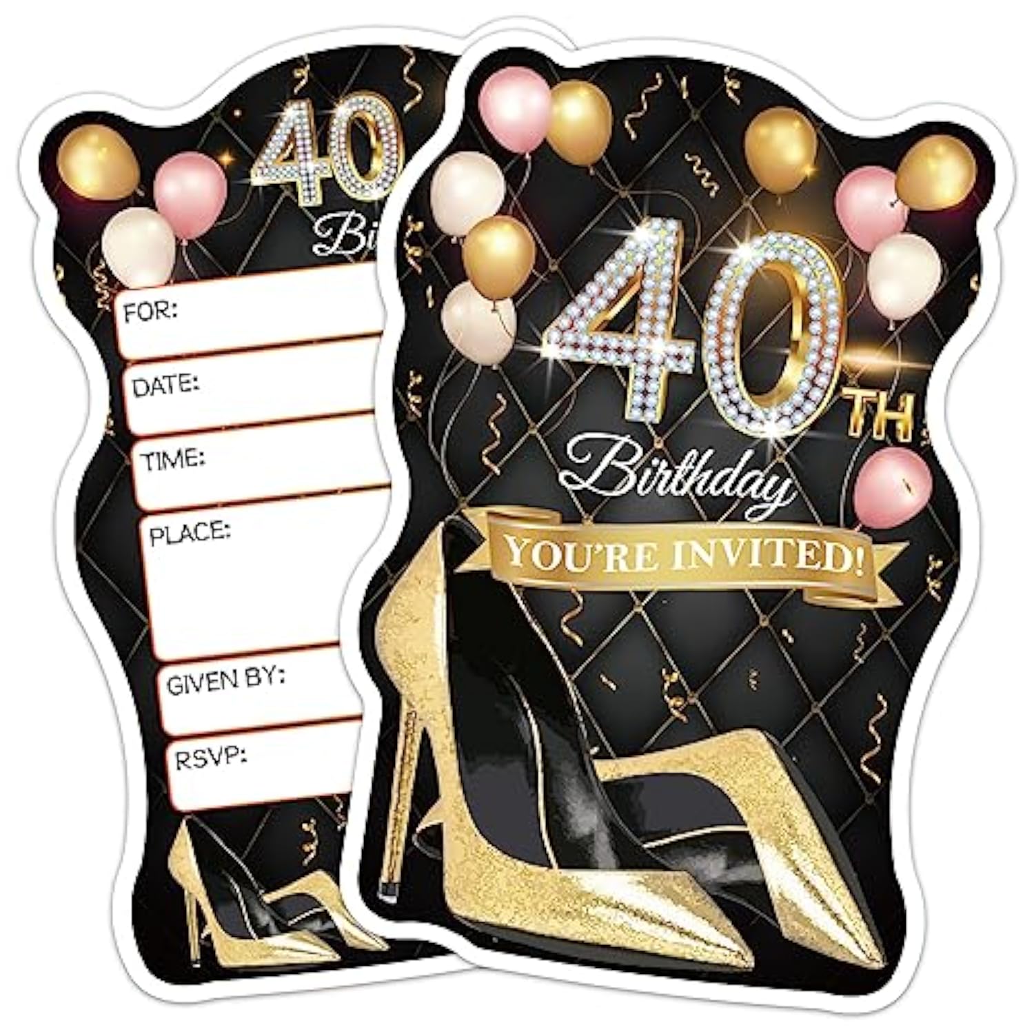 20 Pcs Pink Balloons & Black Golden High Heels Shaped Fill-In Invitations Cards With Envelopes, Funny 40Th Birthday Party Happy 40 Year Old Birthday Invites For Women Lady Wife Mom Adults