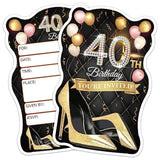 20 Pcs Pink Balloons & Black Golden High Heels Shaped Fill-In Invitations Cards With Envelopes, Funny 40Th Birthday Party Happy 40 Year Old Birthday Invites For Women Lady Wife Mom Adults