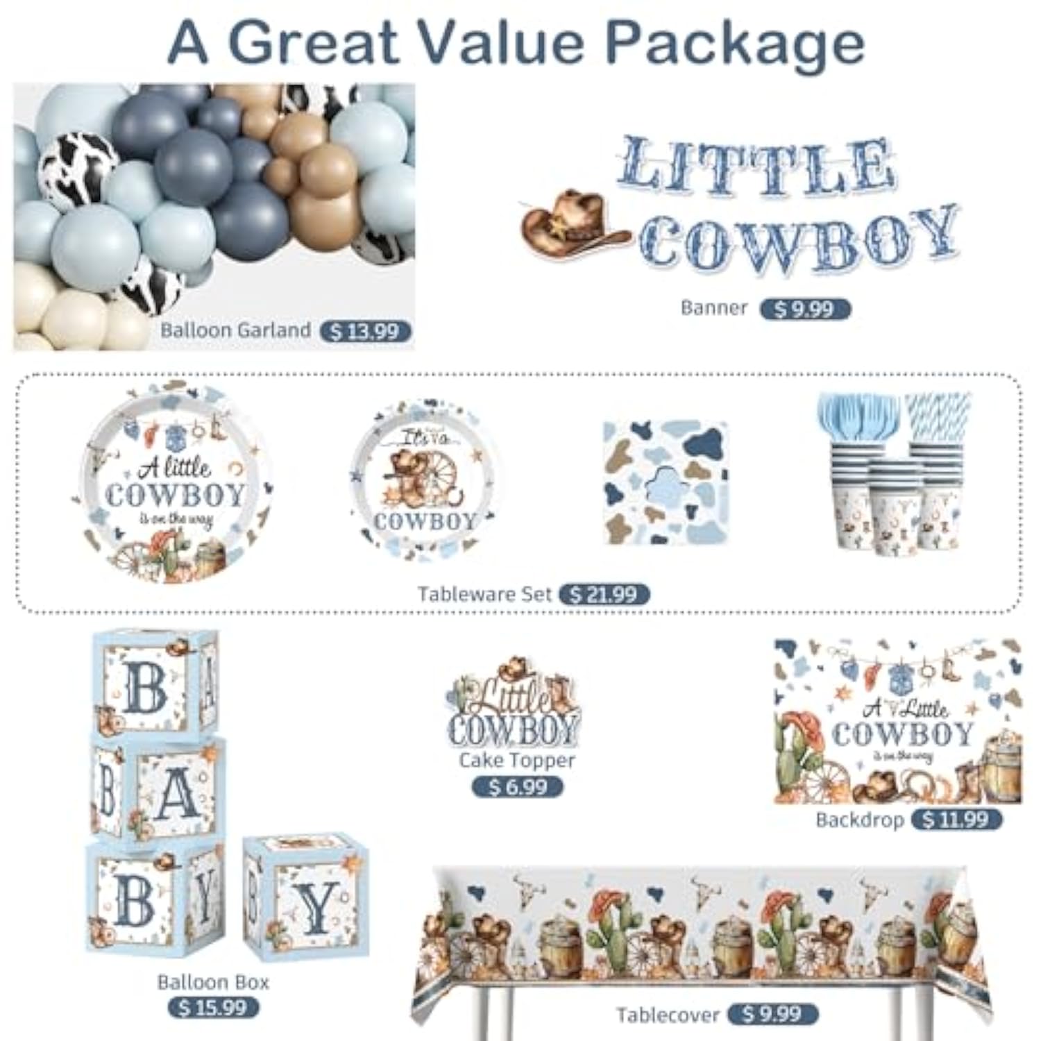 230Pcs Cowboy Baby Shower Decorations, All-In-1 Supplies Pack, Includes 20 Tableware, A Little Cowboy Is On The Way Backdrop Tablecloth, Balloon Kit For Baby Boy Shower Decorations