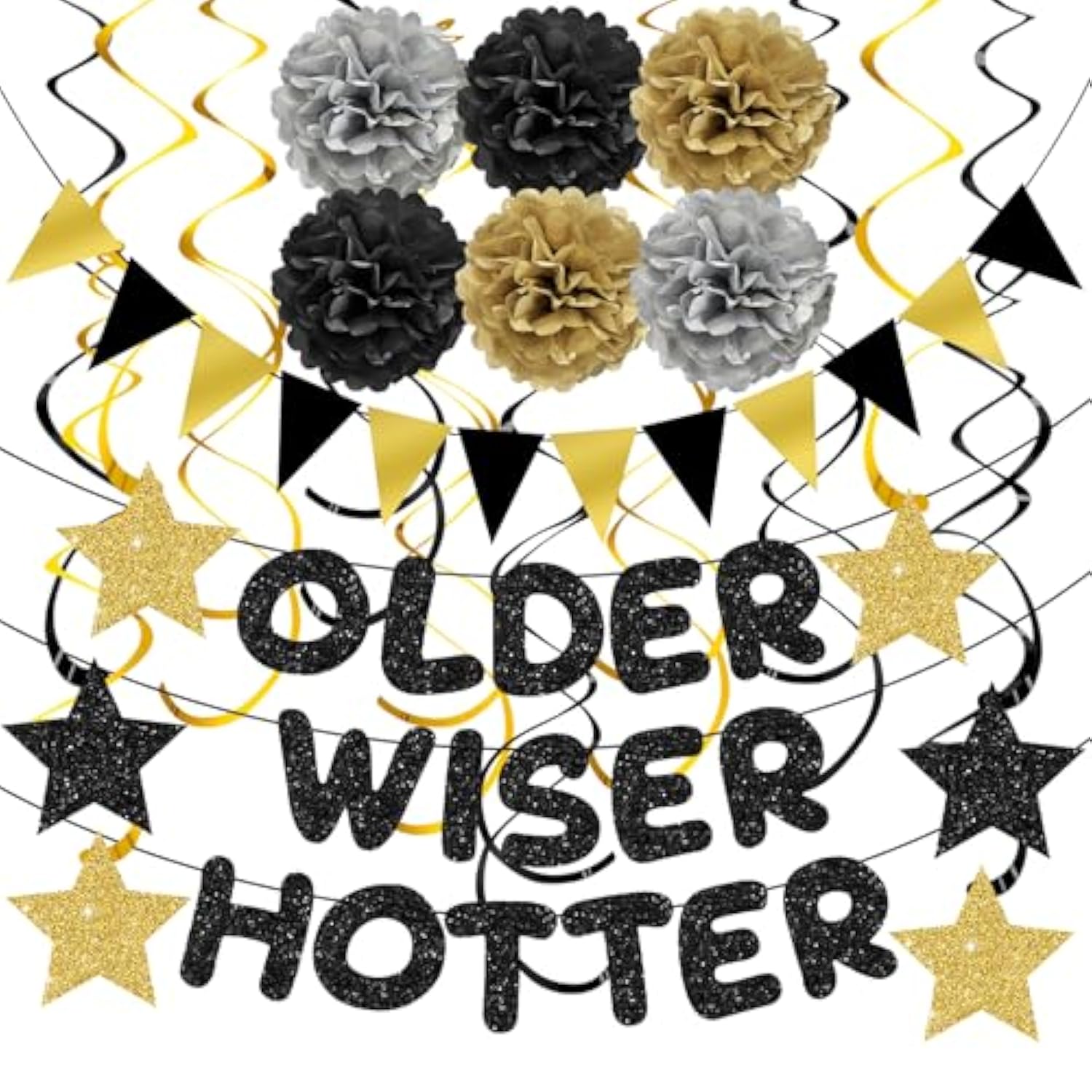 Older Wiser Hotter Triangle Flag Birthday Banner Decorations Kit- Black Gold Glitter Birthday Decors For Men Women 30Th 40Th 50Th 60Th 70Th 80Th Paper Pompoms, Hanging Swirls Party Supplies