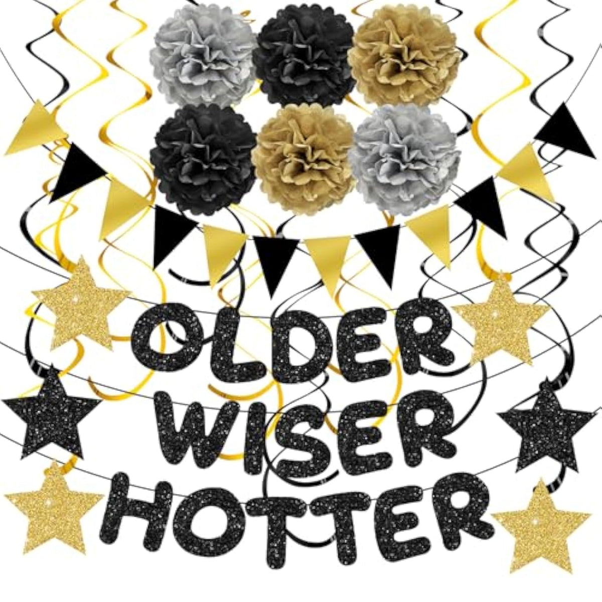 Older Wiser Hotter Triangle Flag Birthday Banner Decorations Kit- Black Gold Glitter Birthday Decors For Men Women 30Th 40Th 50Th 60Th 70Th 80Th Paper Pompoms, Hanging Swirls Party Supplies
