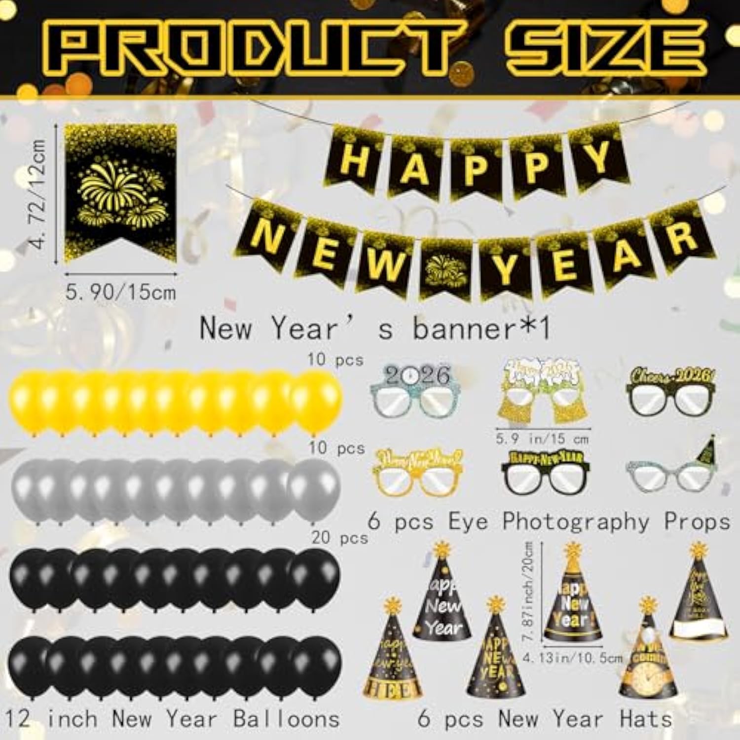 101pcs New Year 2026 Party Supplies with Hats, Noise Makers & Balloons
