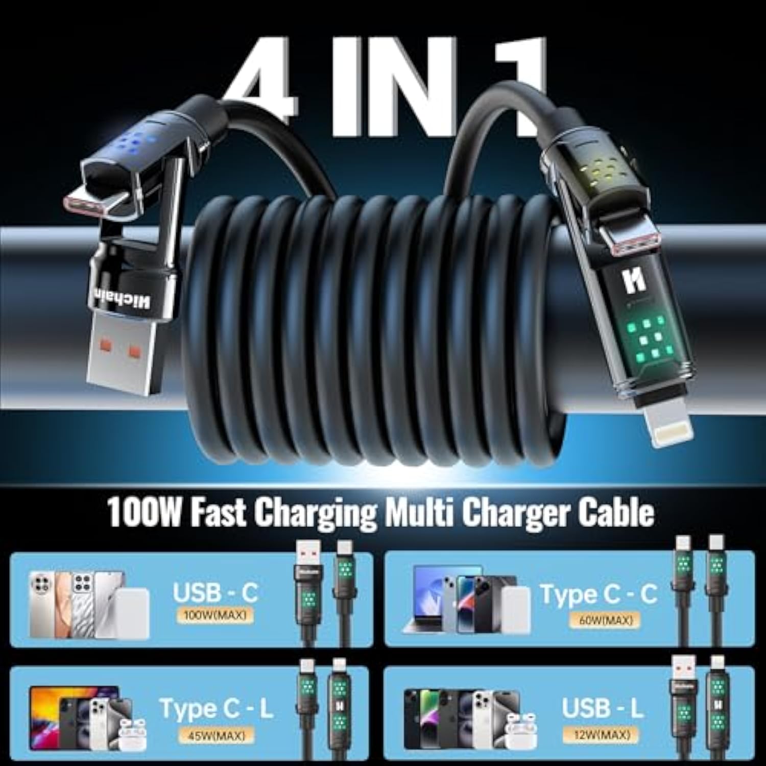 4 In 1 Charging Cable, 100W Fast Charging Usb C Cable With Breathing Light, Chubby Usbc Cables Usb A/C To C/Lightning, 4Ft Multi Chargers Cord For Iphone Ipad Galaxy Macbook Laptop