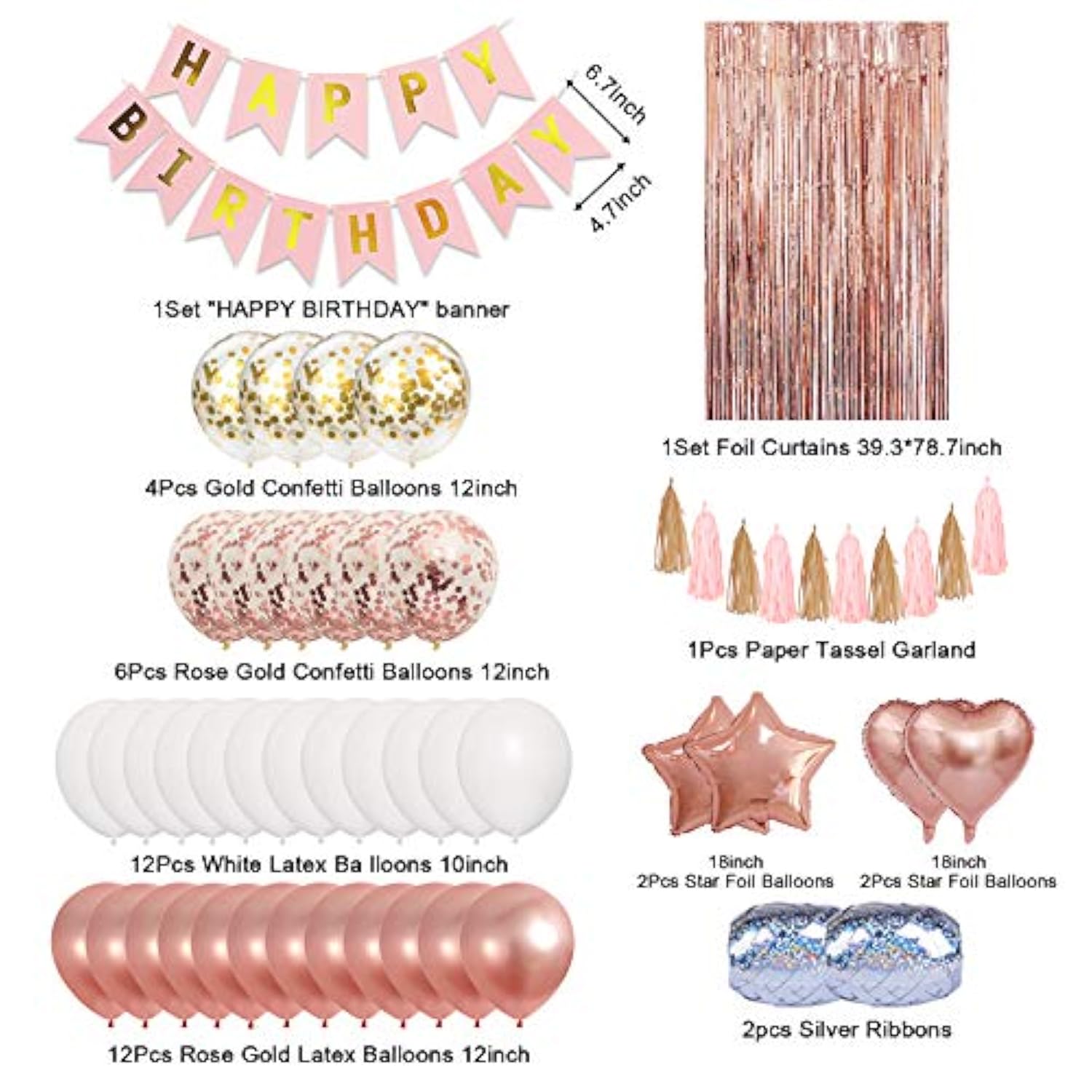 41pcs Rose Gold Birthday Kit with Confetti Balloons, Banner & Fringe Curtains