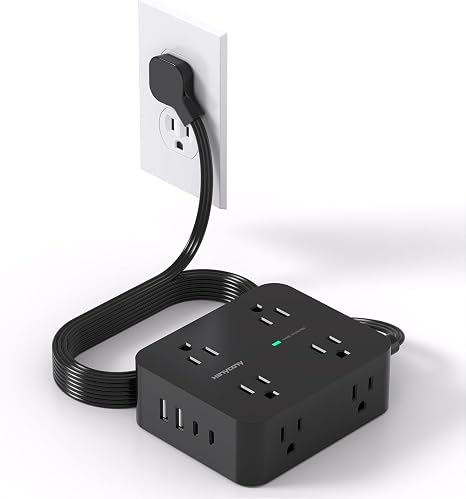 Surge Protector Power Strip with 8 Outlets 4 USB Ports 2 USB C 5FT Flat Plug Extension Cord 1080J