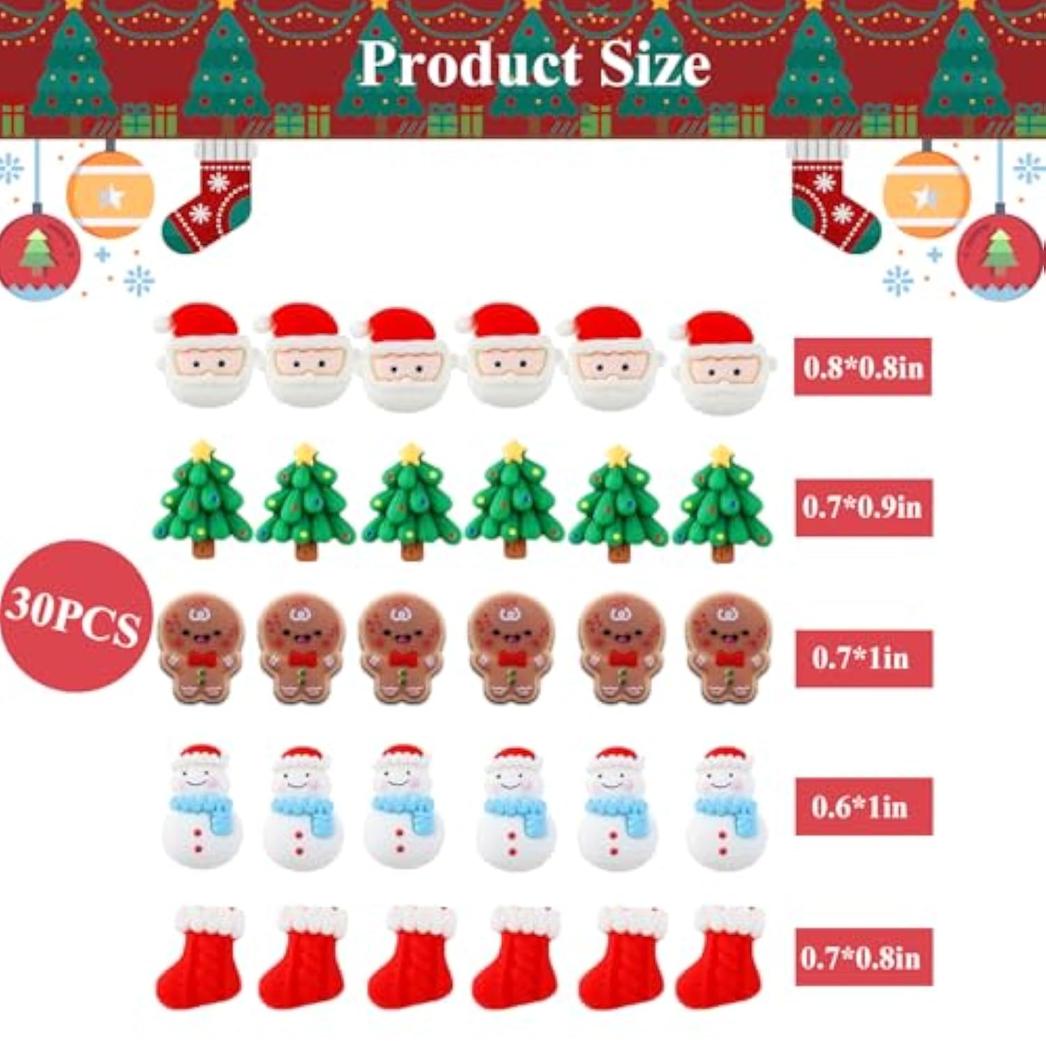 30pcs Resin Merry Christmas Cupcake Toppers Santa Tree Snowman Gingerbread Picks