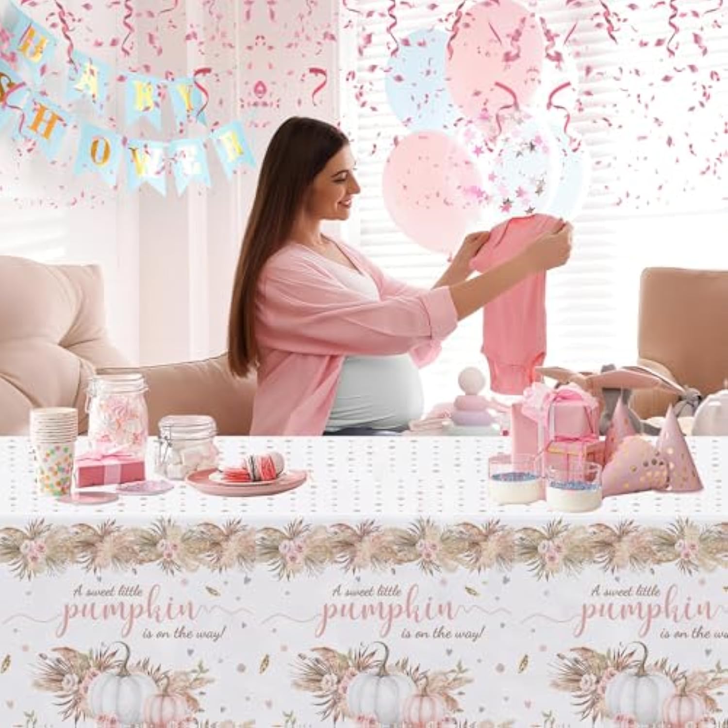 3 Pack Little Pumpkin Tablecloth, Disposable Plastic Boho Fall Baby Shower Table Cloth Rectangle 54X108 Inch, Pinktable Cover For Girl Shower Party Favors Table Decor Supplies