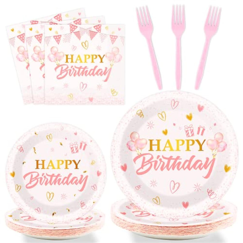 96 Pieces Pink Birthday Tableware Set For Pink Rose Gold Birthday Table Decorations Supplies Birthday Dessert Plates Napkins Forks Women Birthday Disposable Party Favors 24 Guests