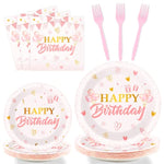 96 Pieces Pink Birthday Tableware Set For Pink Rose Gold Birthday Table Decorations Supplies Birthday Dessert Plates Napkins Forks Women Birthday Disposable Party Favors 24 Guests
