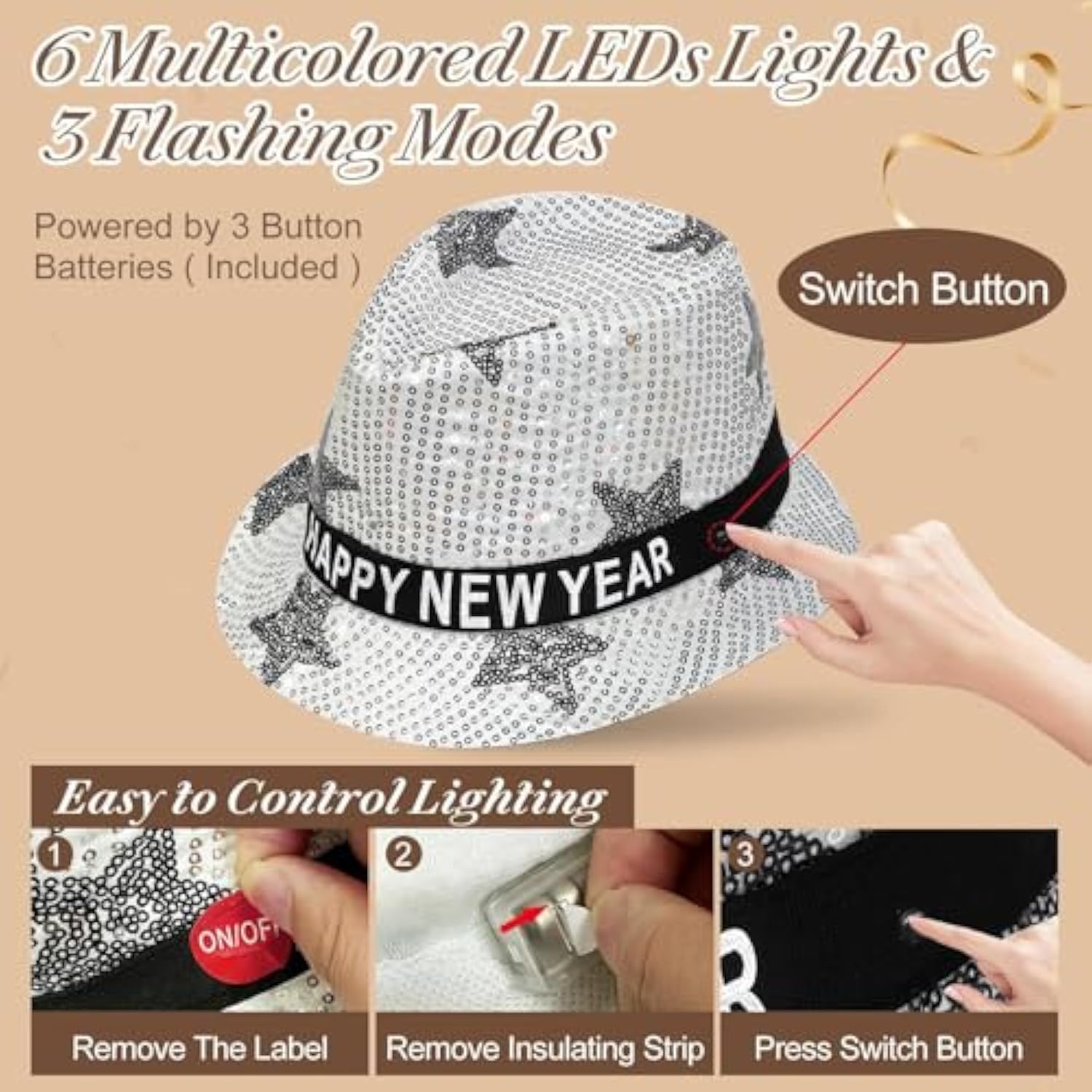 3pc Sequin LED Light Up New Year’s Eve Top Hats Black Gold Silver 2026