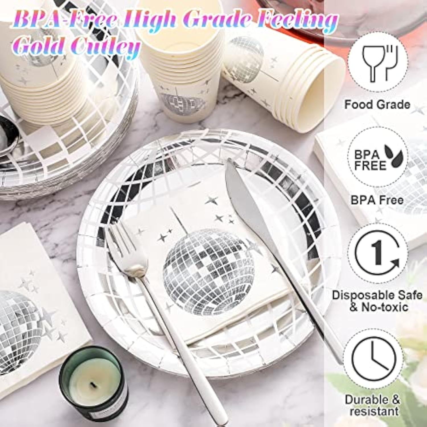 150 Pcs 70S Disco Party Supplies Silver Disco Ball Paper Dinner Plates, Paper Cups, Cocktail Napkins For Wedding Picnic Travel(White And Silver)