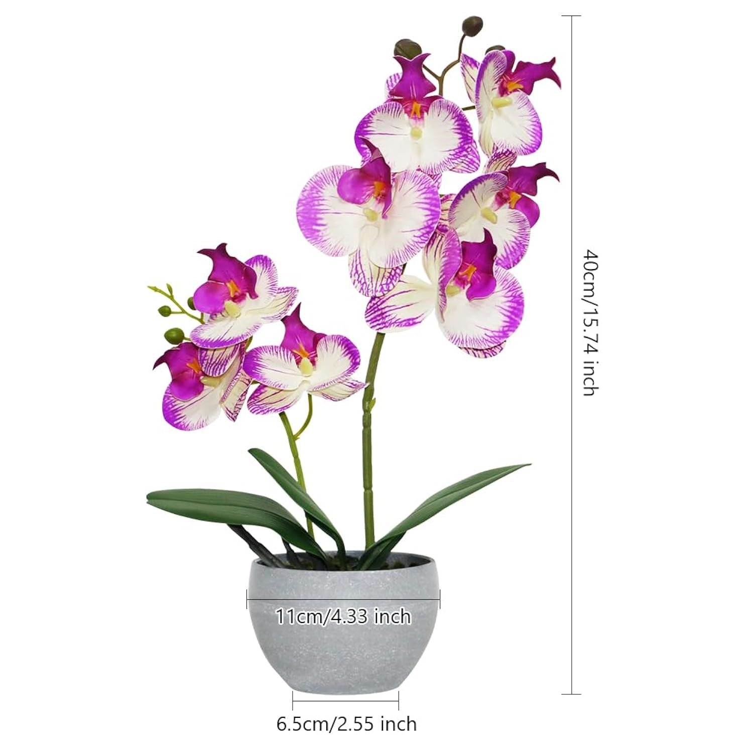 Purple Orchid Artificial Flowers 2 Stems In Grey Pot, Potted Faux Orchid Flower For Home Bathroom Table Living Room Office Kitchen Decor