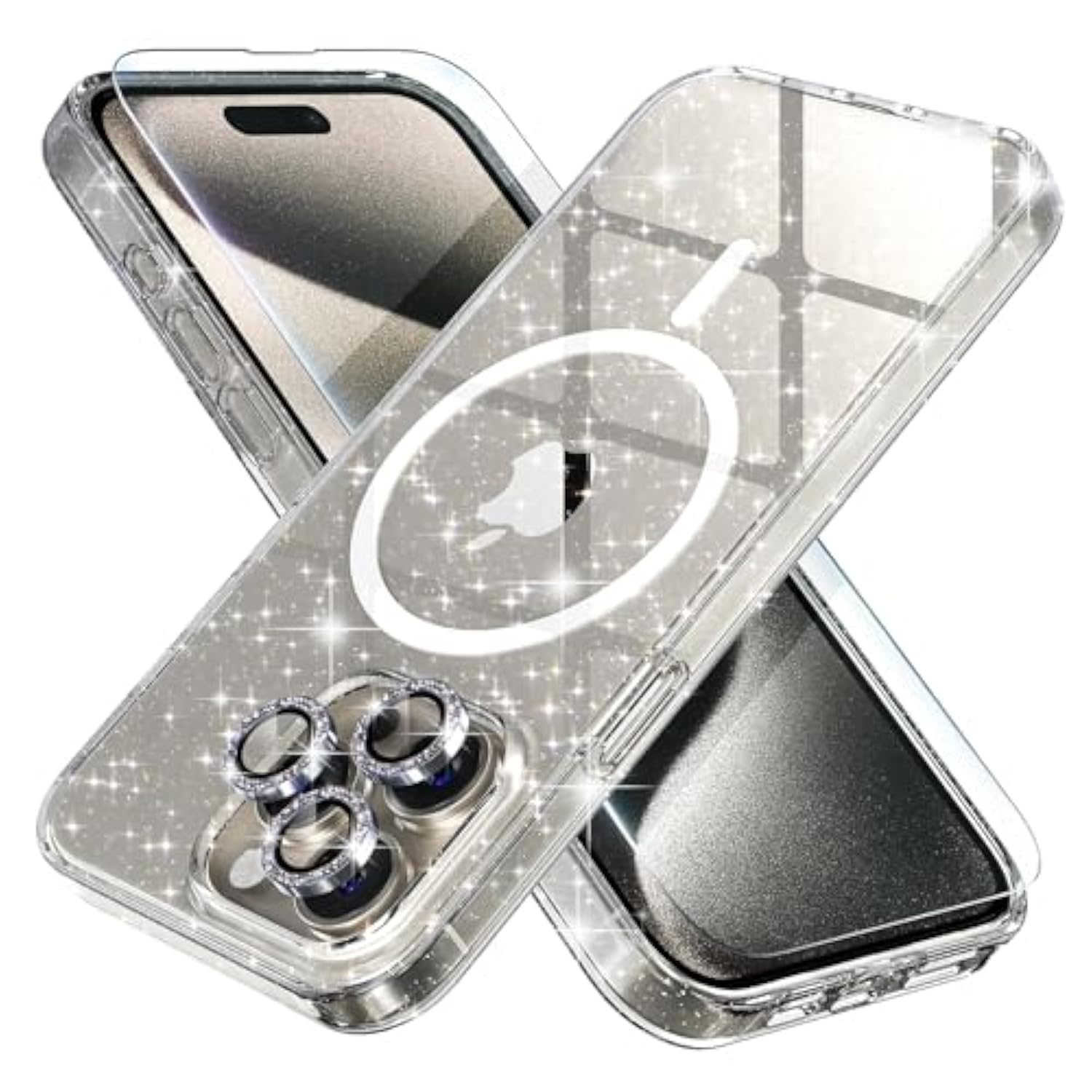 For Iphone 15 Pro Max Case Magnetic, Women Clear Glitter Bling Sparkly Case, [3Xdiamond Camera Lens Protectors] [2Xtempered Glass Screen Protectors] [Compatible Magsafe] (Glitter Clear)