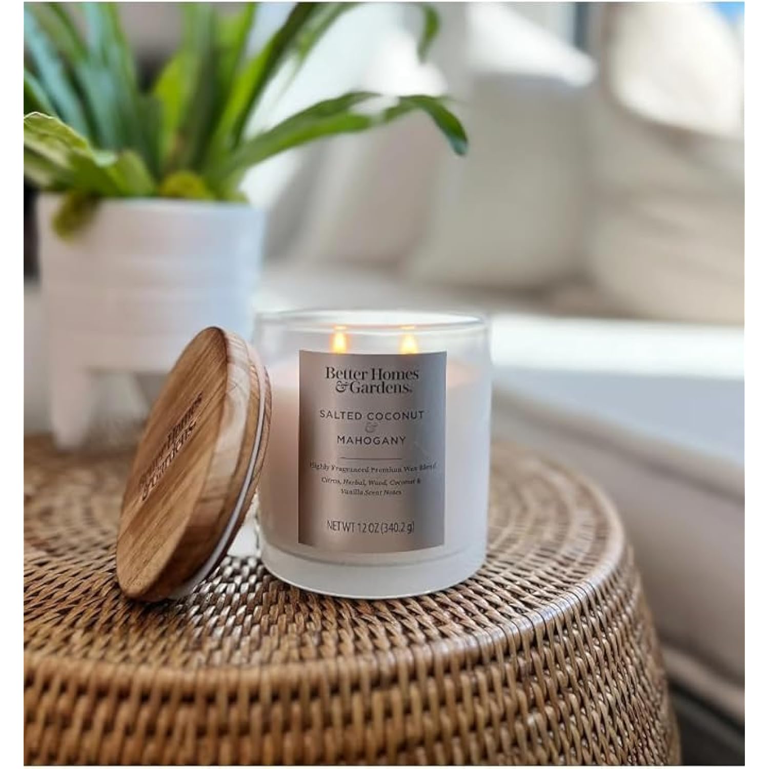 Better H&G Salted Coconut & Mahogany Scented Candle, 12 Oz Premium Wax Blend, Wooden Lid