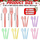 180 Pieces Glitter Plastic Silverware Set Disposable Clear Plastic Cutlery Flatware For Party 60 Knives 60 Spoons 60 Fork For Party Birthday Dinnerware Supplies(Multicolor)