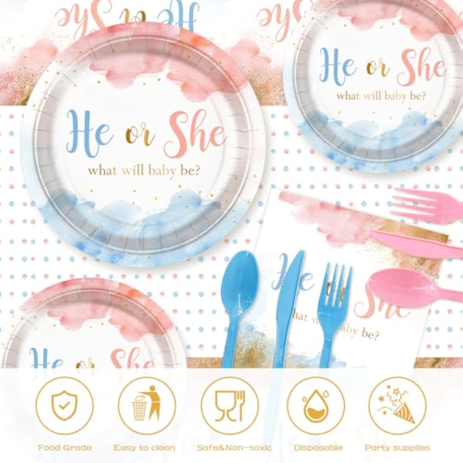 194 Pcs Gender Reveal Decorations Gender Reveal Paper Plates Cups And Napkins Sets He Or She Baby Shower Party Supplies Pink And Blue Disposable Tableware Set With Tablecloth Serves 24 Guests
