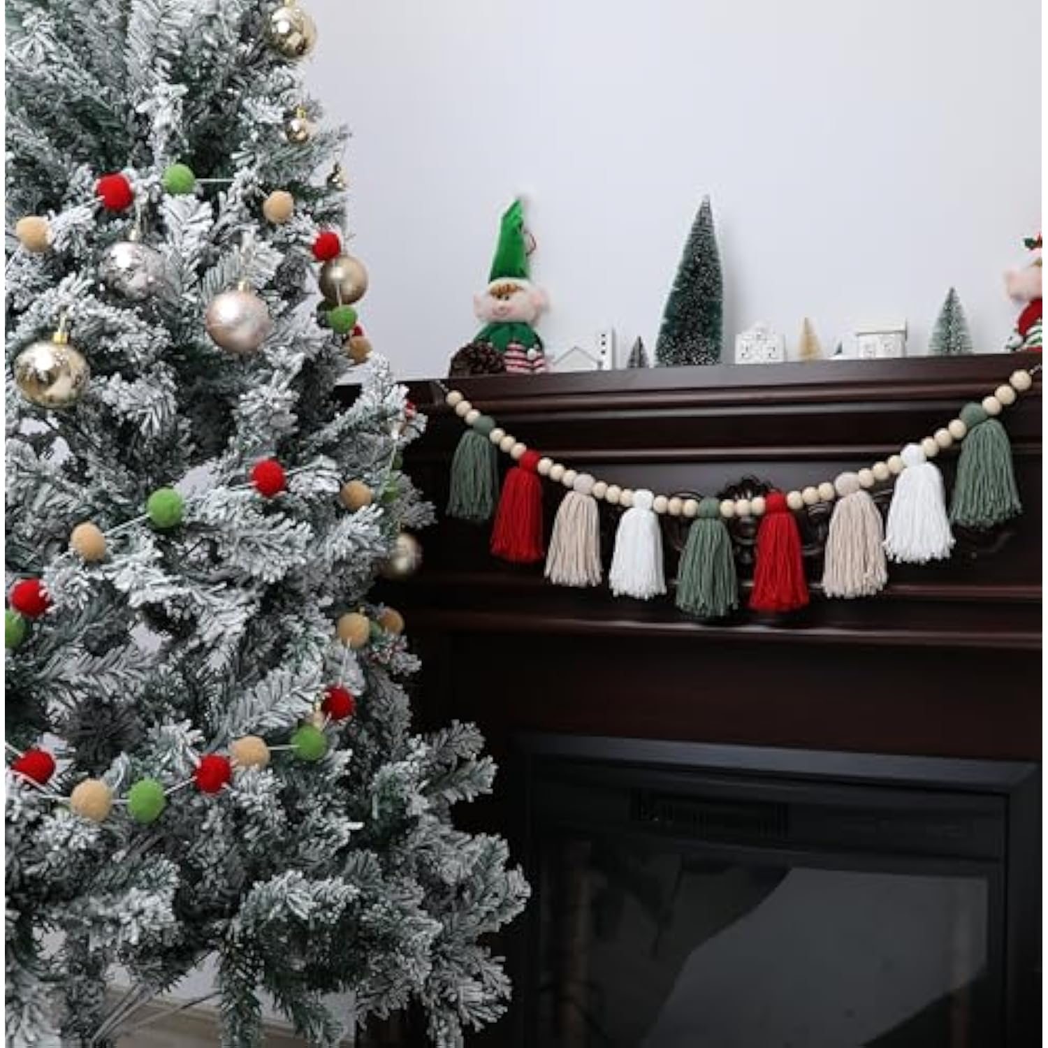 Christmas Banner Wood Bead Tassel Banners And Red Green Pom Pom Garlands Wall Hanging Home Decor For Party Decoration