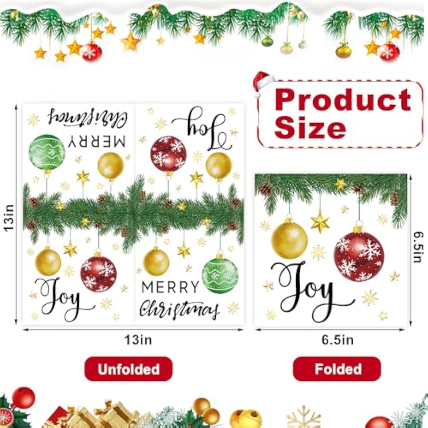 50 Pcs Christmas Paper Napkins 3-Ply Xmas Ball Disposable Luncheon Party Napkins 2-Sided Merry Christmas Joy Paper Napkin For Xmas Holiday Kitchen Party Supplies