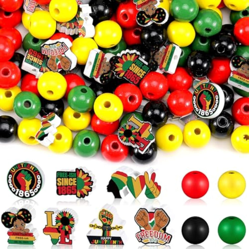 200 Pcs Juneteenth Wooden Beads Black Red Green Yellow Wooden Beads 1865 Freedom Day Wood Beads Ornaments With Hemp Rope For Juneteenth Black History Month Home Party Decor Diy Crafts, Small