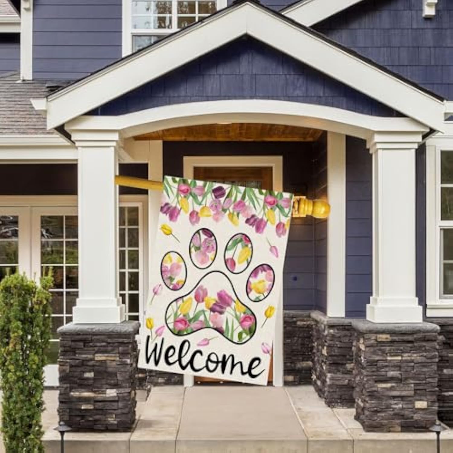 Welcome Dog Paw Tulips Spring Large House Flag Burlap 28X40 Inch Vertical Double Sided Outside Yard Holiday Outdoor Farmhouse Decoration