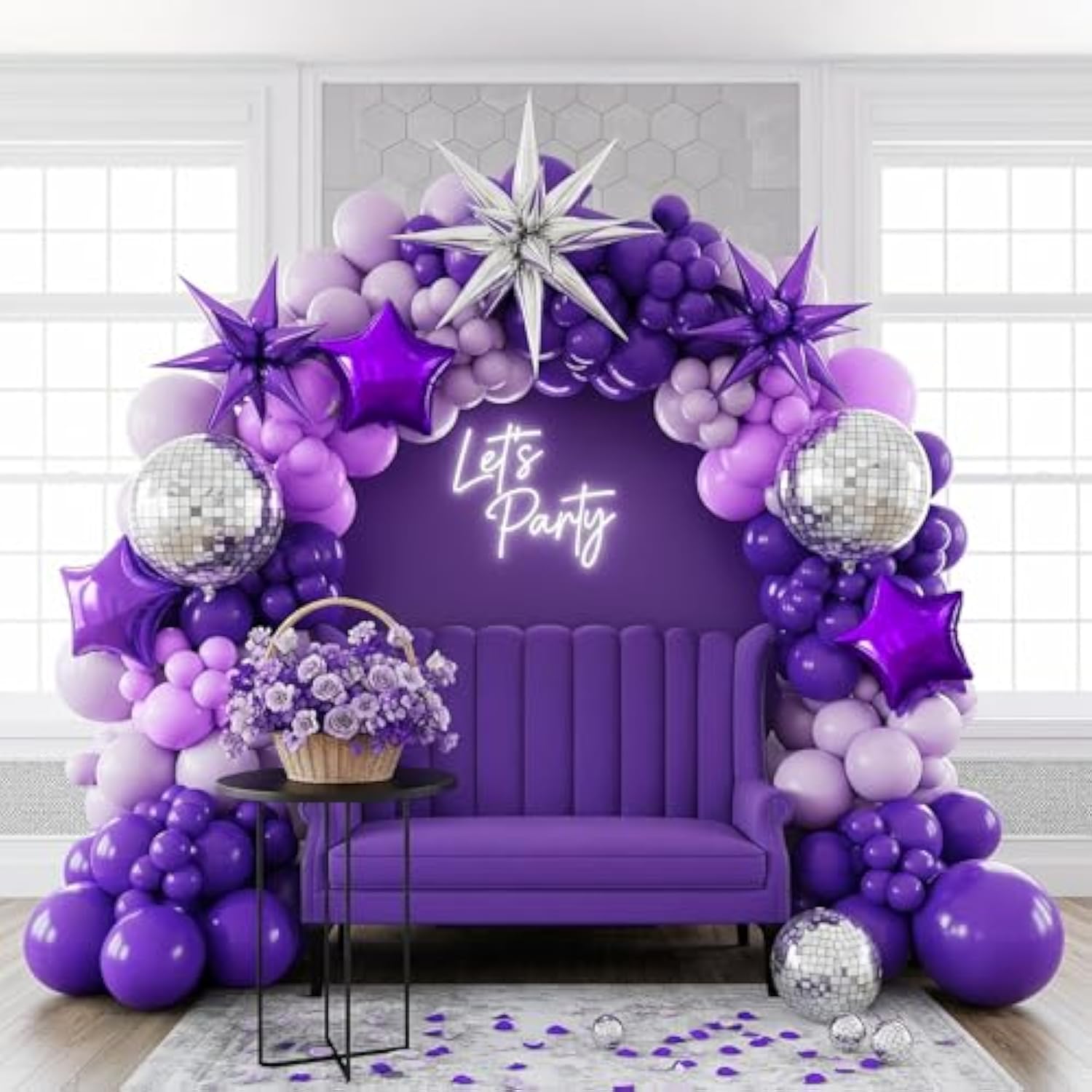 Dark Purple And Silver Balloon Garland Kit 138Pcs – Light Lilac Lavender Starburst And Disco Balloons For 2025 Graduation Party Decorations Girl’S Sweet 15/16 Anniversary Celebration