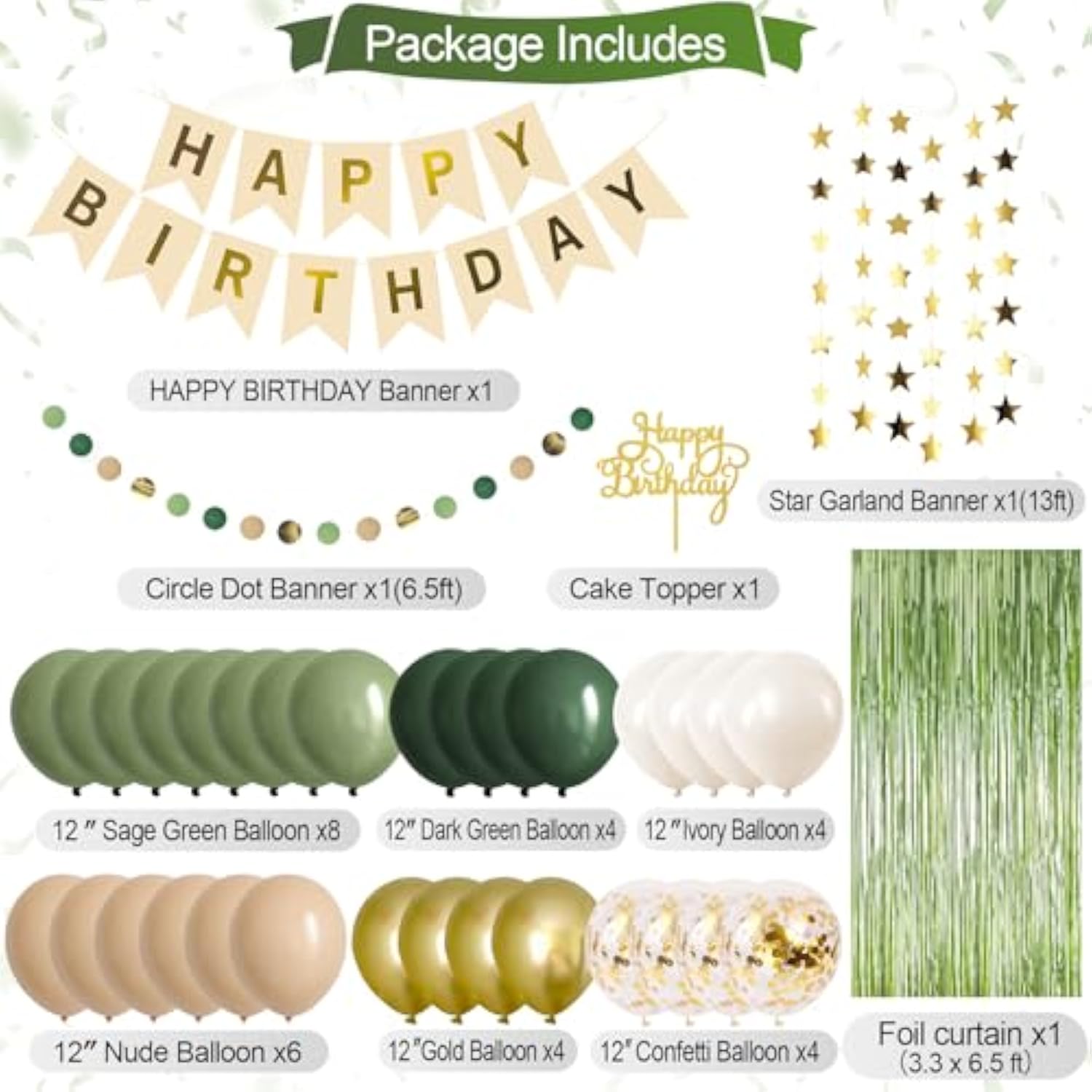 Sage Green Birthday Decor – Neutral Rustic Party Set with Balloons, Banner & Pom Poms