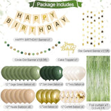 Sage Green Birthday Decor – Neutral Rustic Party Set with Balloons, Banner & Pom Poms