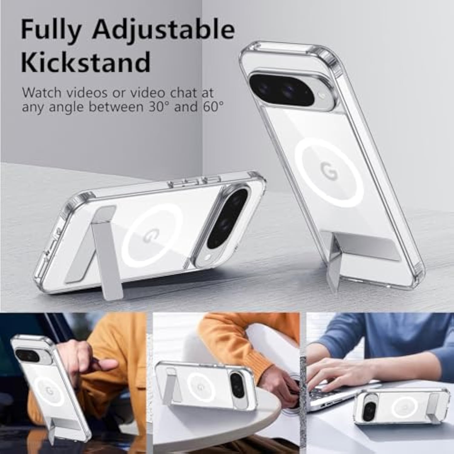 Magnetic Case For Google Pixel 9/9 Pro, Adjustable Kickstand, Grade Drop Tested, Non-Slip Shockproof Slim Case, Clear