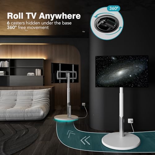 Floor Mobile TV Stand with Power Outlet, Rolling TV Cart for 27-65 Inch OLED LED Monitors, 6 Levels of Height Adjustment, Ambient Lighting on The