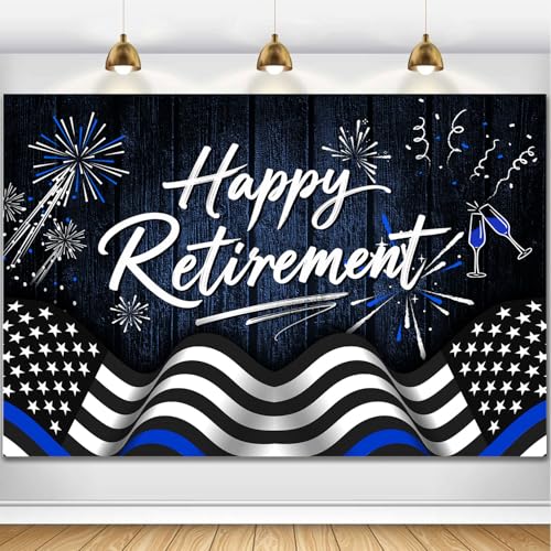 Happy Retirement Backdrop Navy Blue Police Flag Photography Background Going Away Party Black and Blue Police Theme Decoration Banner Portrait Photo Booth Studio Props 7x5ft FU07YL