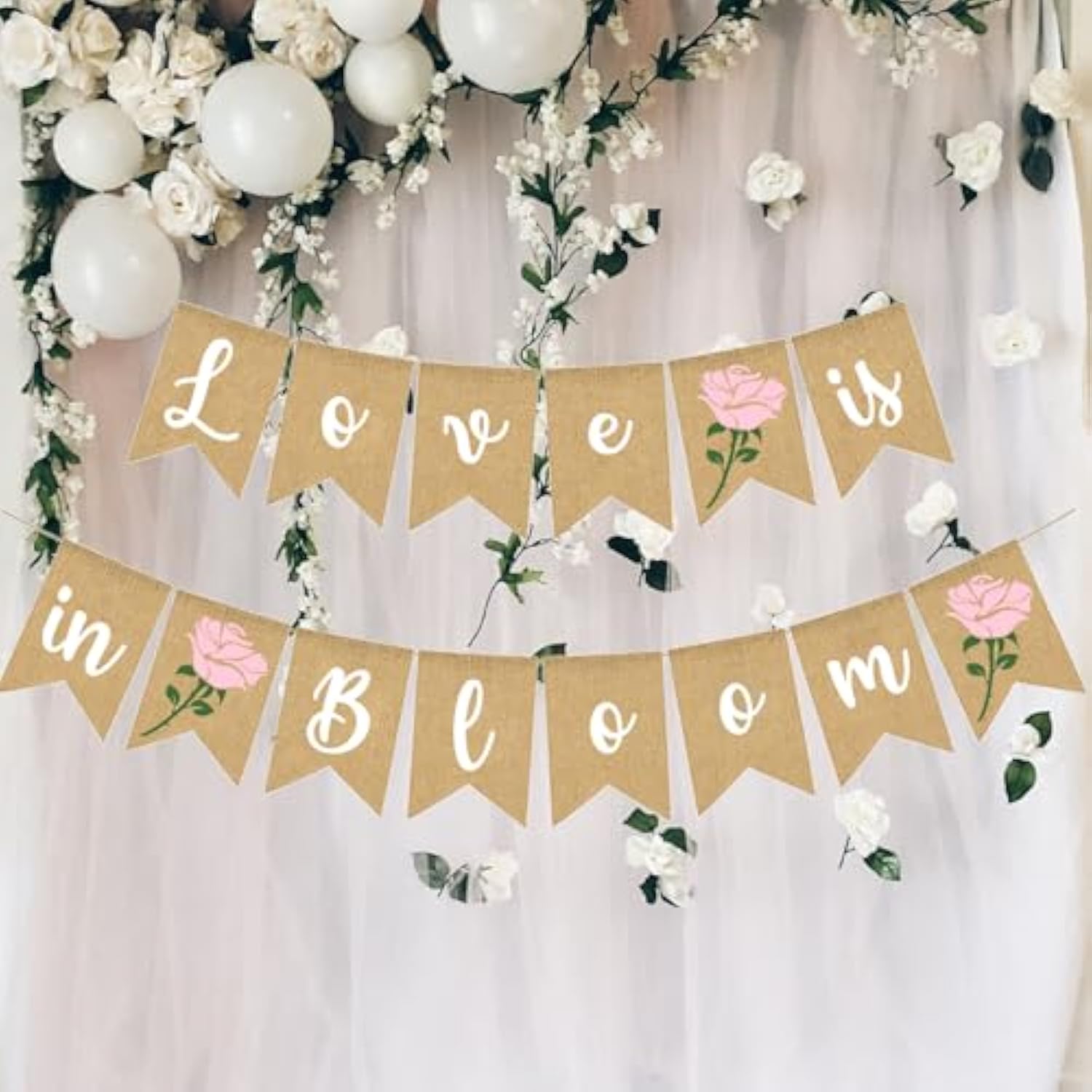Love Is In Bloom Banner Floral Bridal Shower Decoration Flower Burlap Garlands Blooming Shower Supplies, Pink