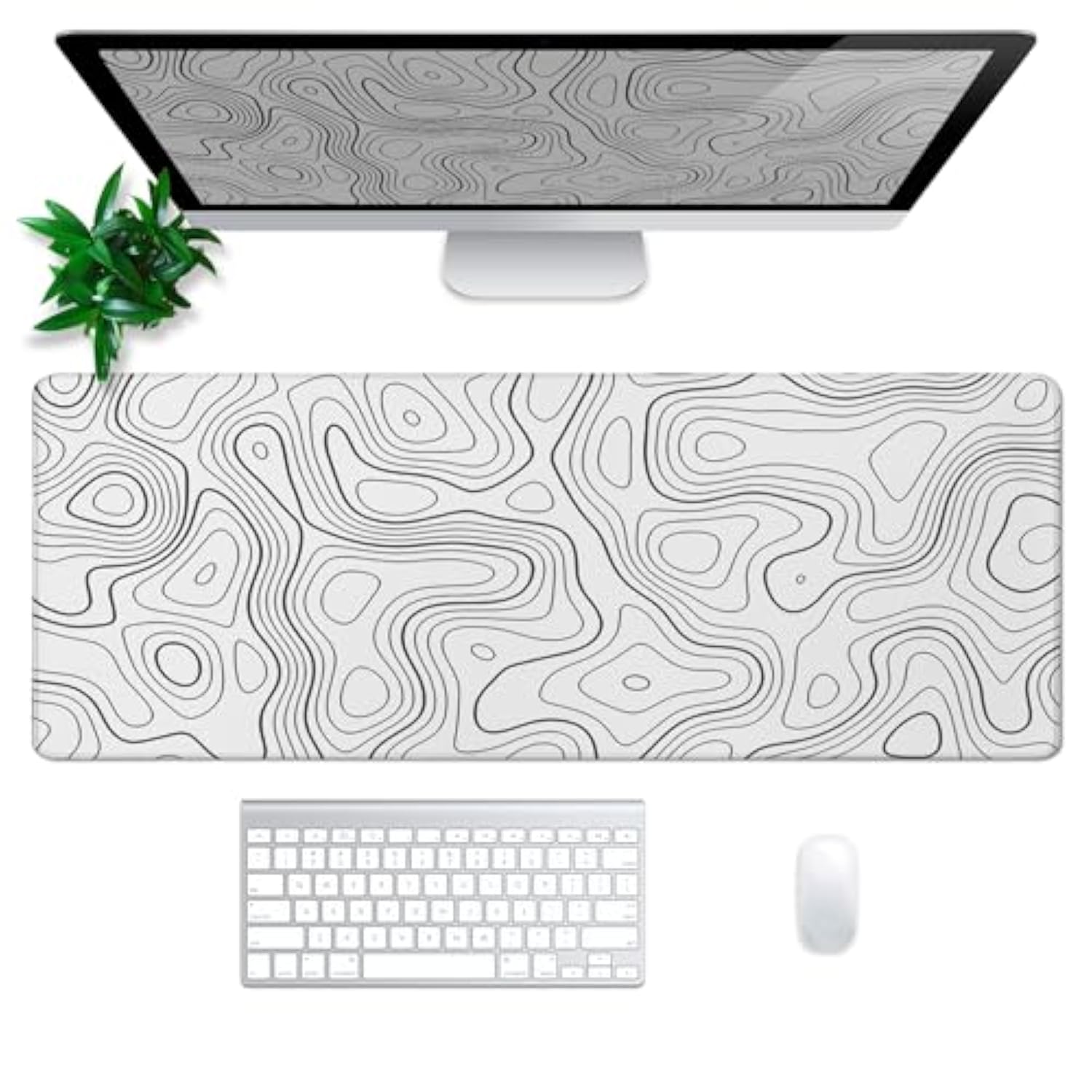 Topographic Contour Gaming Mouse Pad White Large Mouse Pad For Keyboard And Mousepad Desk Mat With 3Mm Non-Slip Base And Stitched Edge For Gaming And Office Computer Mat Protector Mat 31.5X11.8 Inch