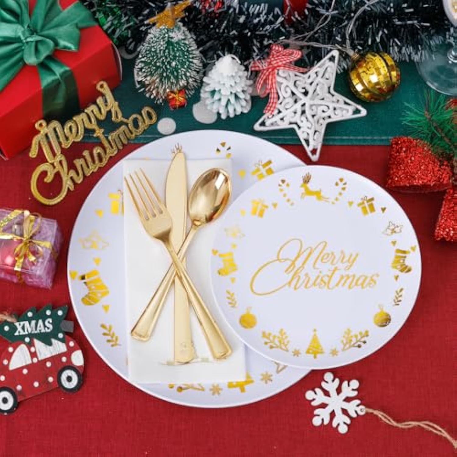 175 Pieces Christmas Plastic Plates - Christmas Gold Plastic Plates Include 25Dinner Plate, 25Dessert Plate, 25Knives, 25Forks, 25Spoons, 25Cups, 25 Napkins For Xmas Party