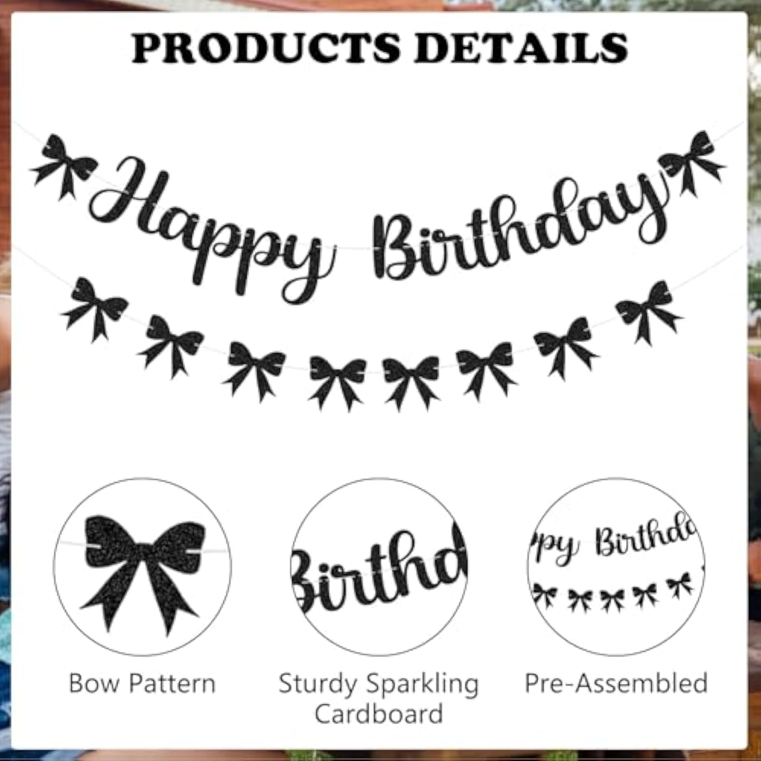 Black Bow Birthday Decorations Happy Birthday Banner Black Bow Bunting Garland Glitter Photo Props Satin Ribbon Hanging Swirls Party Decor For Boys Girls Bachelorette Themed Party Supplies