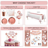 236 Pcs Birthday Decorations For Women, Rose Gold Party Decorations Kit For Girls Or Women - Butterfly, Hanging Swirl, Balloon Stand, Sash, Tiara, Banner, Balloon, Tableware For 25 Guest